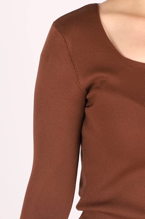 Kadın Kahve Kare Yaka Likralı Triko Bluz ARM-26K069002