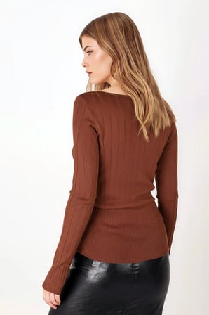 Kadın Kahve Kare Yaka Likralı Triko Bluz ARM-25K069006