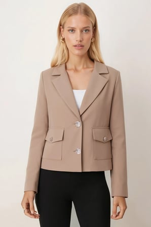 Kadın Vizon Erkek Yaka Kare Cepli Astarlı Crop Ceket ARM-26K001026