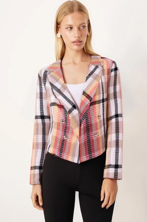 Kadın Kırmızı-Bej Kruvaze Yaka Tüvit Crop Ceket ARM-24K001014