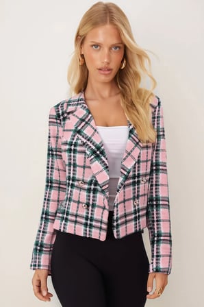 Kadın Pembe-Yeşil Kruvaze Yaka Tüvit Crop Ceket ARM-24K001014