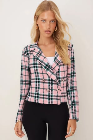 Kadın Pembe-Yeşil Kruvaze Yaka Tüvit Crop Ceket ARM-24K001014