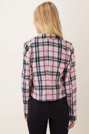 Kadın Pembe-Yeşil Kruvaze Yaka Tüvit Crop Ceket ARM-24K001014