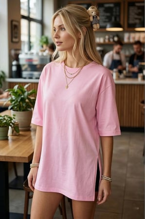 Kadın Pembe Yuvarlak Yaka Duble Kol Yanları Yırtmaçlı Pamuklu T-Shirt ARM-26Y137001