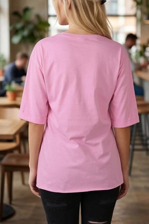 Kadın Pembe Yuvarlak Yaka Duble Kol Yanları Yırtmaçlı Pamuklu T-Shirt ARM-26Y137001