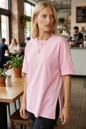 Kadın Pembe Yuvarlak Yaka Duble Kol Yanları Yırtmaçlı Pamuklu T-Shirt ARM-26Y137001