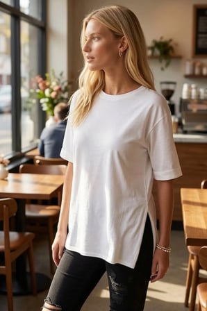 Kadın Beyaz Yuvarlak Yaka Duble Kol Yanları Yırtmaçlı Pamuklu T-Shirt ARM-26Y137001