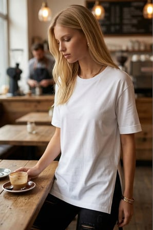Kadın Beyaz Yuvarlak Yaka Duble Kol Yanları Yırtmaçlı Pamuklu T-Shirt ARM-26Y137001