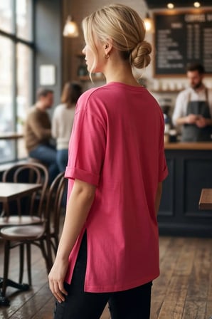 Kadın Fuşya Yuvarlak Yaka Duble Kol Yanları Yırtmaçlı Pamuklu T-Shirt ARM-26Y137001