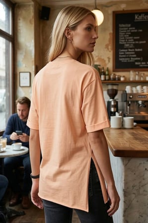 Kadın Yavruağzı Önü Çiçek Baskılı Yanları Yırtmaçlı Pamuklu T-Shirt ARM-26Y137003
