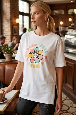 Kadın Beyaz Önü Çiçek Baskılı Yanları Yırtmaçlı Pamuklu T-Shirt ARM-26Y137003