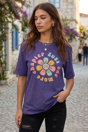 Kadın Mor Önü Çiçek Baskılı Yanları Yırtmaçlı Pamuklu T-Shirt ARM-26Y137003
