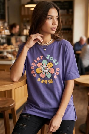 Kadın Mor Önü Çiçek Baskılı Yanları Yırtmaçlı Pamuklu T-Shirt ARM-26Y137003