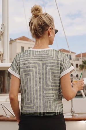Kadın Fıstık Yeşili Sıfır Yaka File Simli Kumaştan Astarlı İki İplik Kısa Kollu Tshirt ARM-26Y001088