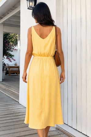 Kadın Sarı Askılı V Yaka Beli Lastikli Midi Boy Desenli Kloş Elbise ARM-26Y001134