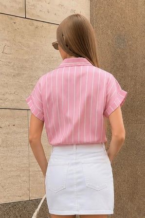 Kadın Toz Pembe Çizgili Kısa Kol Gömlek ARM-19Y001067
