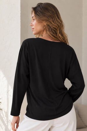 Kadın Siyah Sıfır Yaka Oversize Uzun Kollu Basic T-Shirt ARM-27K001017