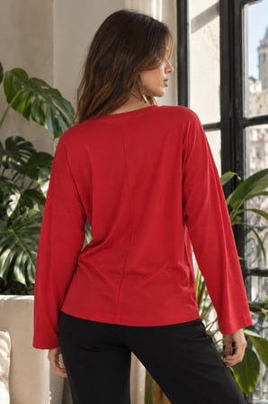Kadın Kırmızı Sıfır Yaka Oversize Uzun Kollu Basic T-Shirt ARM-27K001017