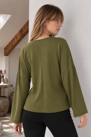 Kadın Haki Sıfır Yaka Oversize Uzun Kollu Basic T-Shirt ARM-27K001017