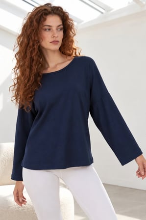 Kadın Lacivert Sıfır Yaka Oversize Uzun Kollu Basic T-shirt ARM-27K001017