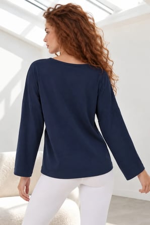 Kadın Lacivert Sıfır Yaka Oversize Uzun Kollu Basic T-shirt ARM-27K001017