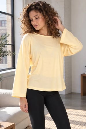 Kadın Sarı Sıfır Yaka Oversize Uzun Kollu Basic T-shirt ARM-27K001017