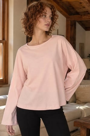 Kadın Pudra Sıfır Yaka Oversize Uzun Kollu Basic T-Shirt ARM-27K001017