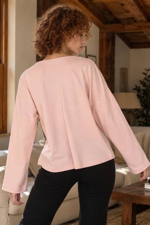 Kadın Pudra Sıfır Yaka Oversize Uzun Kollu Basic T-Shirt ARM-27K001017