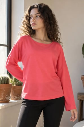 Kadın Nar Çiçeği Sıfır Yaka Oversize Uzun Kollu Basic T-Shirt ARM-27K001017