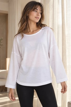 Kadın Beyaz Sıfır Yaka Oversize Uzun Kollu Basic T-shirt ARM-27K001017