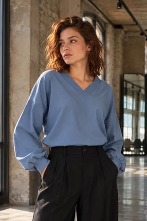 Kadın Mavi V Yaka Sweatshirt ARM-27K001022