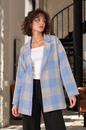 Kadın Bebe Mavi Erkek Yaka Yanları Yırtmaçlı Oversize Ceket ARM-26K001009