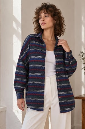 Kadın Lacivert Desenli Oversize Uzun Basic Gömlek ARM-27K001027