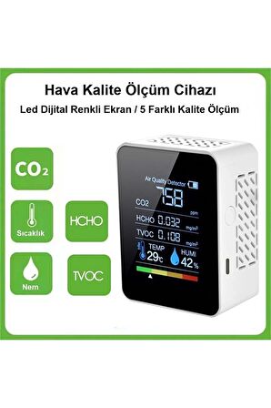 TechTic Dijital Hava Kalite Ölçüm Cihazı Sıcaklık Nem Karbondioksit Ölçer Hava Dedektörü 5in1 Termostat 