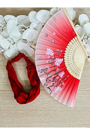 - Yelpaze Kırmızı Vintage Tasarım Paraşüt Bandana Seti