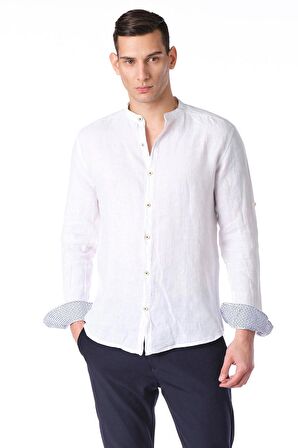 Erkek Regular Fit %100 Keten Cep Detaylı Manşet Desenli Gömlek