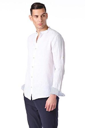 Erkek Regular Fit %100 Keten Cep Detaylı Manşet Desenli Gömlek