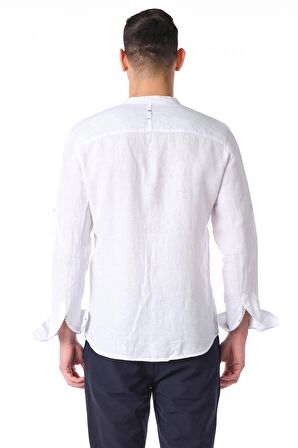 Erkek Regular Fit %100 Keten Cep Detaylı Manşet Desenli Gömlek