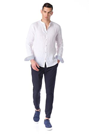 Erkek Regular Fit %100 Keten Cep Detaylı Manşet Desenli Gömlek