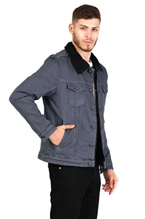 CEKMON Erkek Slim Fit İçi Yünlü Düğmeli Kısa Kot Mont