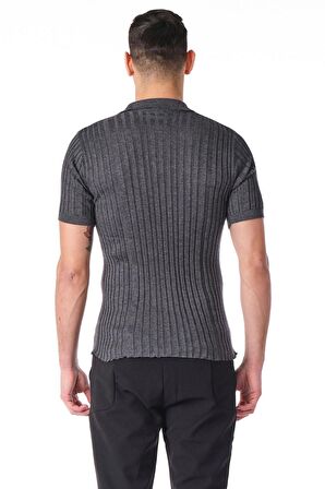 Erkek Polo Yaka Düğmeli Pamuklu Fitilli Triko Kısa Kollu T-Shirt