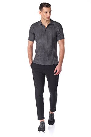 Erkek Polo Yaka Düğmeli Pamuklu Fitilli Triko Kısa Kollu T-Shirt