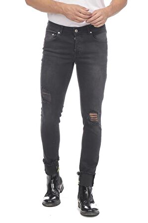 Erkek Slim Fit Katlama Paçası Yazılı Yırtık Detaylı Düz Renk Jean Kot Pantolon