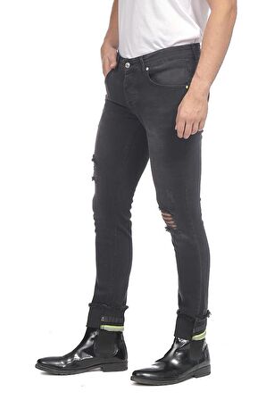 Erkek Slim Fit Katlama Paçası Yazılı Yırtık Detaylı Düz Renk Jean Kot Pantolon