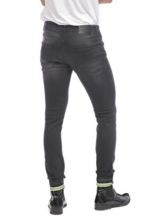 Erkek Slim Fit Katlama Paçası Yazılı Yırtık Detaylı Düz Renk Jean Kot Pantolon