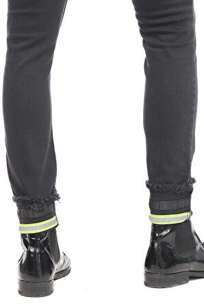 Erkek Slim Fit Katlama Paçası Yazılı Yırtık Detaylı Düz Renk Jean Kot Pantolon
