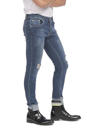 Erkek Slim Fit Katlama Paçası Yazılı Yırtık Detaylı Düz Renk Jean Kot Pantolon