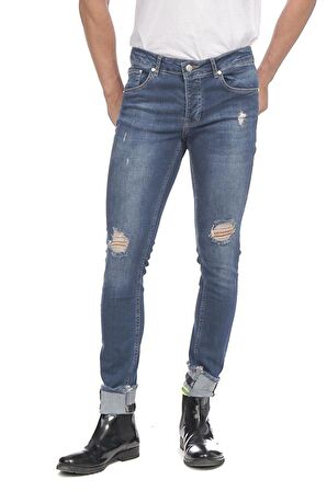 Erkek Slim Fit Katlama Paçası Yazılı Yırtık Detaylı Düz Renk Jean Kot Pantolon