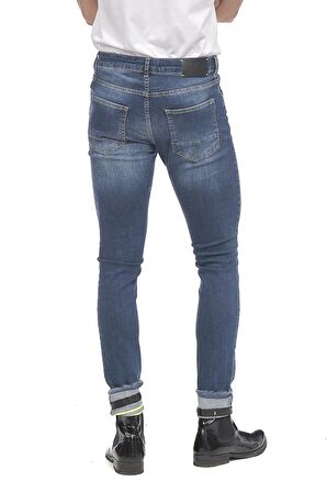 Erkek Slim Fit Katlama Paçası Yazılı Yırtık Detaylı Düz Renk Jean Kot Pantolon