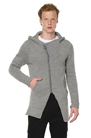 Erkek Fermuarlı Kapüşonlu Asimetrik Triko Uzun Salaş Spor Hırka